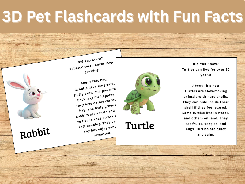 3D Pet Flashcards with Fun Facts | Animal Learning Cards for KS1 & KS2