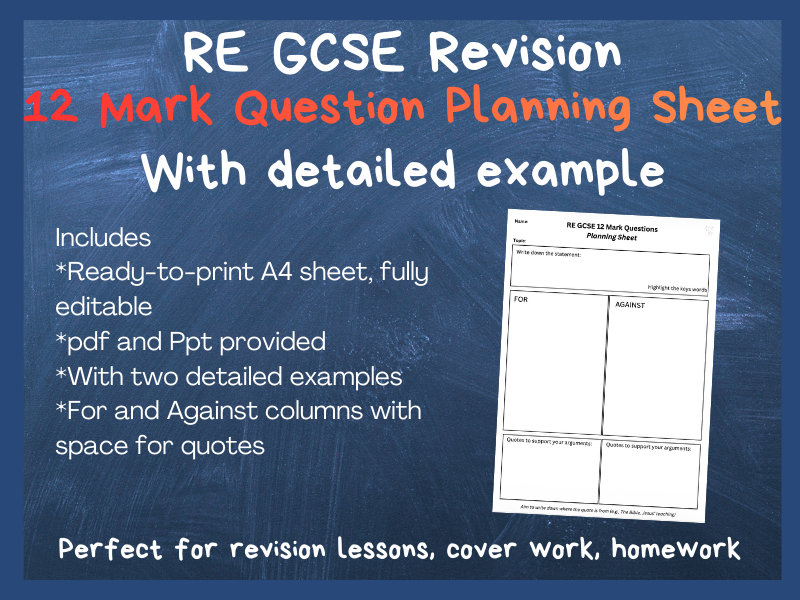 RE GCSE KS4 Revision 12 Mark Question A4 Planning Sheet | with detailed example