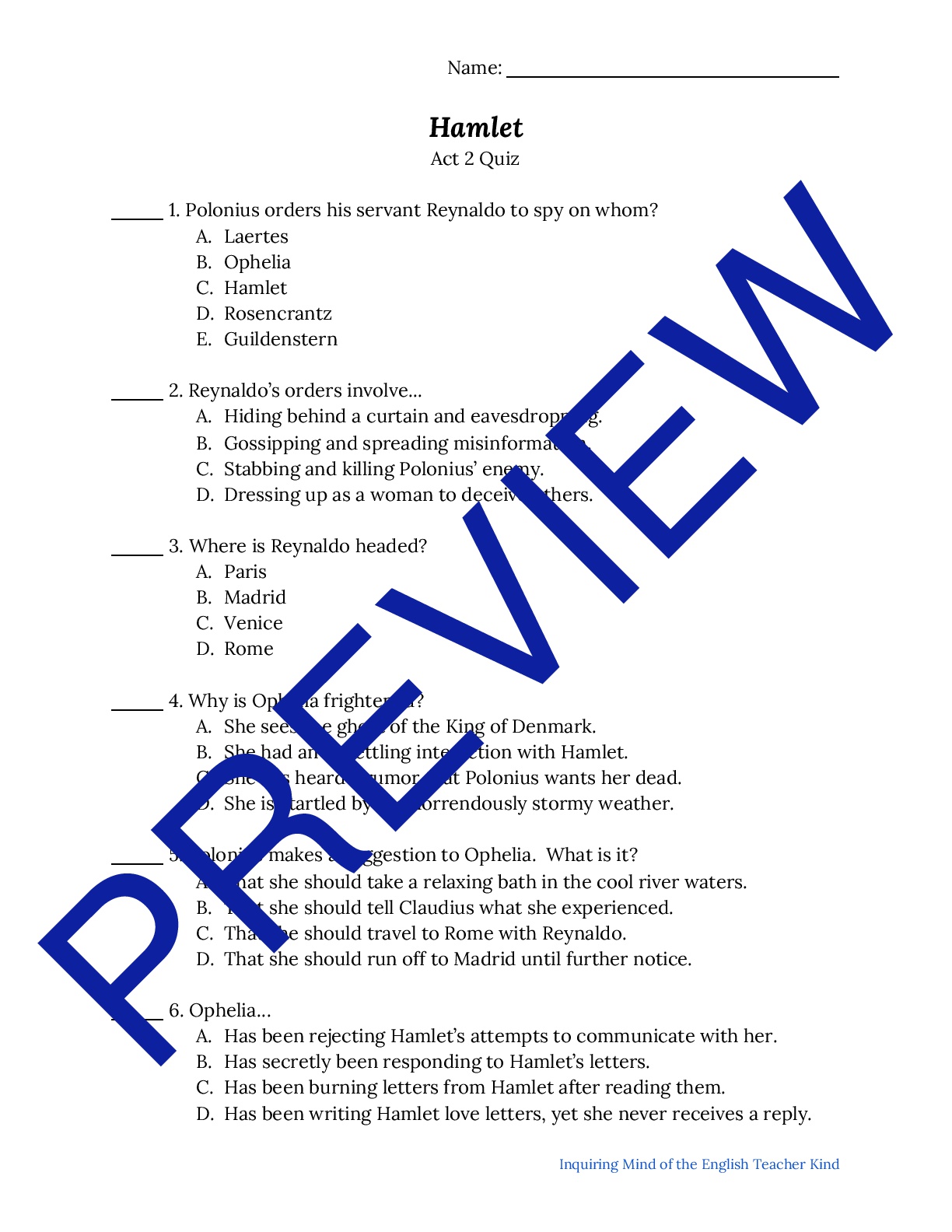 Shakespeare's Hamlet Act 2 Reading Comprehension Quiz and Key