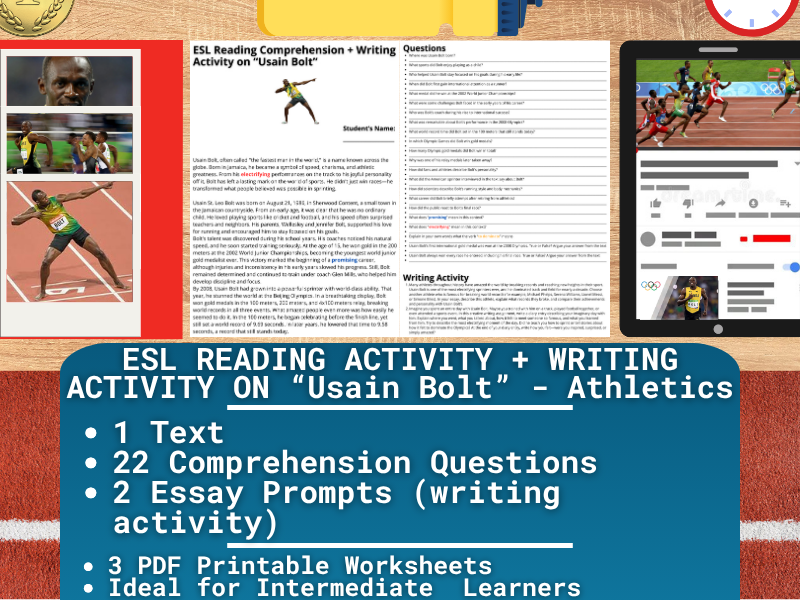 ESL Reading Comprehension + Writing Activity Worksheets - Usain Bolt - Athletics