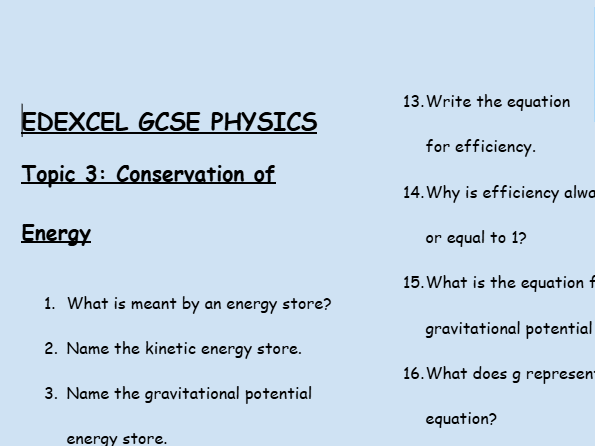 Conservation of Energy – GCSE Physics Topic 3 Retrieval Questions | Edexcel