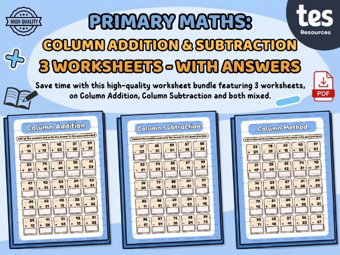 Column Addition & Subtraction Worksheets