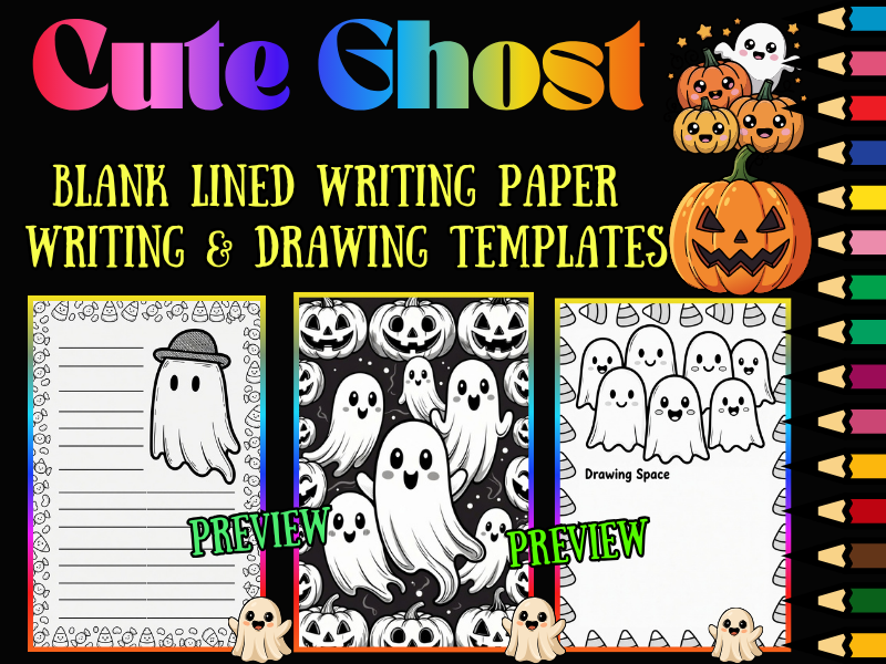 Cute Ghost Halloween Coloring Pages & Lined Writing Paper | NO PREP ...