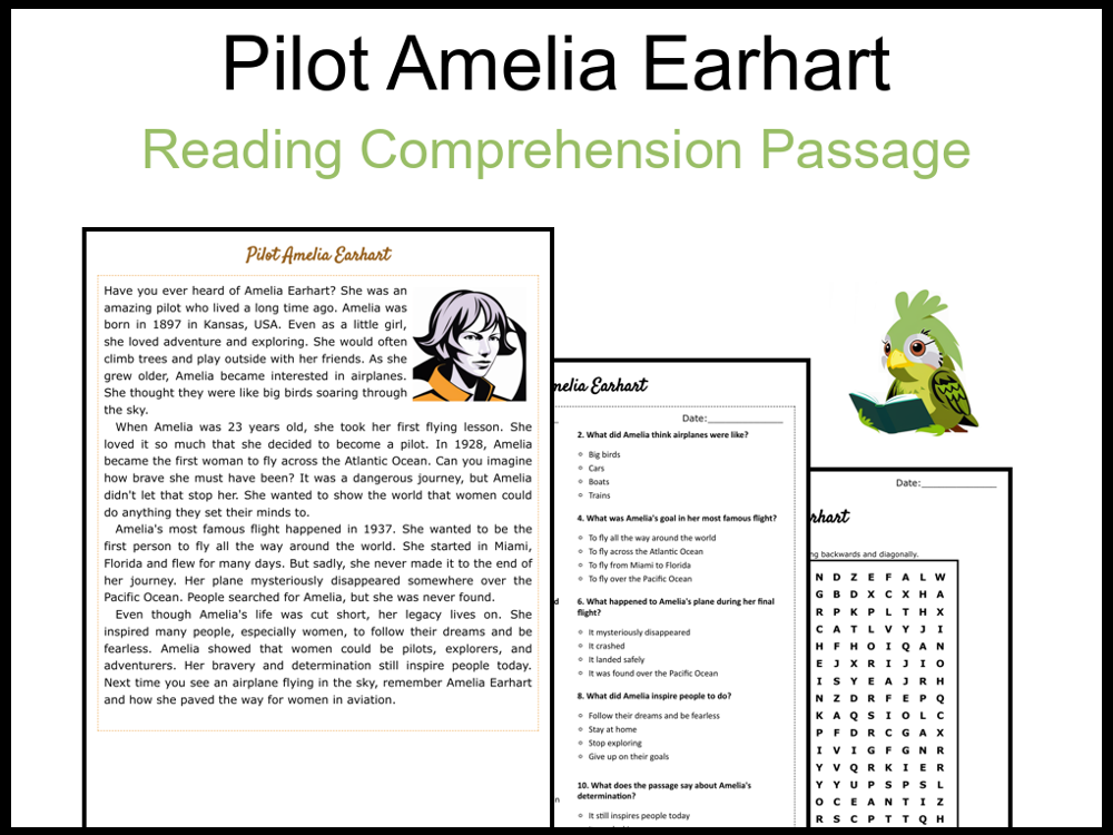 Pilot Amelia Earhart Reading Comprehension and Word Search Teaching