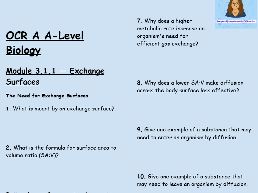 OCR A A-Level Biology: Module 3.1.1 Exchange Surfaces | 50 Questions & Answers