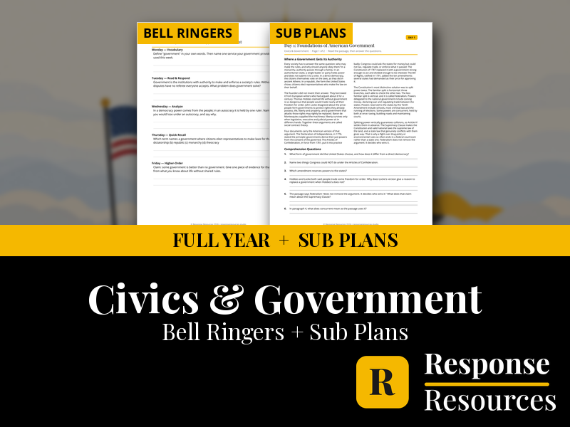 Civics Emergency Sub Plans + Bell Ringers FULL YEAR Bundle - Grades 8-12