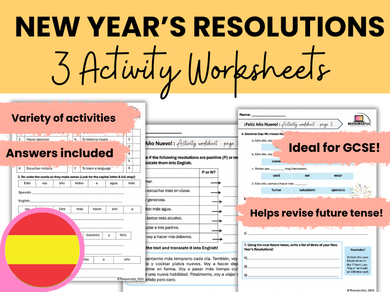 Spanish New Years Resolutions Activity Worksheets (x3!): Feliz Año Nuevo!