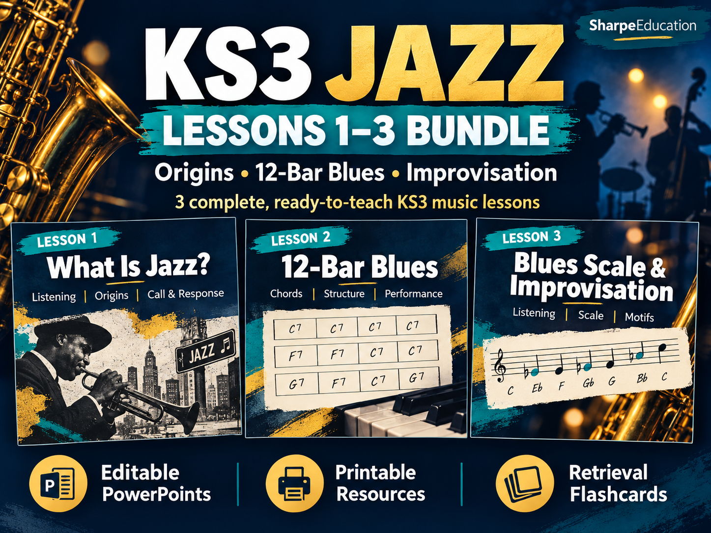 Jazz Lessons 1–3 Bundle | Origins, 12-Bar Blues & Improvisation | KS3