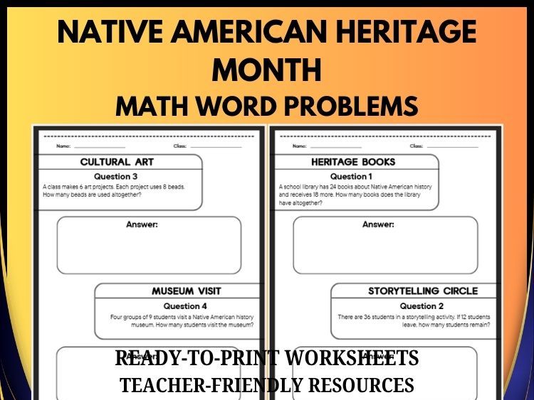 Native American Heritage Month Math Activities | 40 Word Problems & Answer Key | Grades 2–8