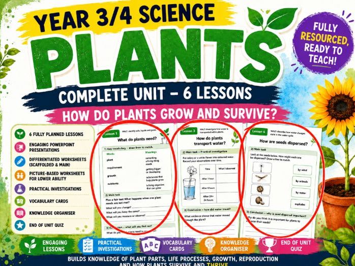 Year 2/3/4 Science: Plants Complete Unit | 6 Lessons | PowerPoint, Worksheets & Scaffolds | KS2