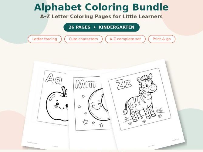 Alphabet Coloring Pages A-Z | Phonics Letter Tracing Activity Bundle