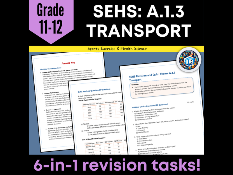 IB DP Sports, Exercise & Health Science (SEHS): A.1.3 Transport – Quiz & Revision Worksheets (2026)