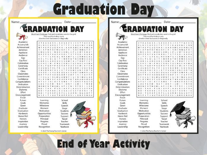 Graduation Day Word Search Puzzle | End of Year Activity | (55 Words)