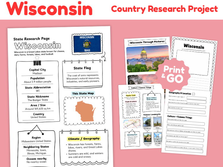 Wisconsin State Research Project | US Geography & State Study Worksheets