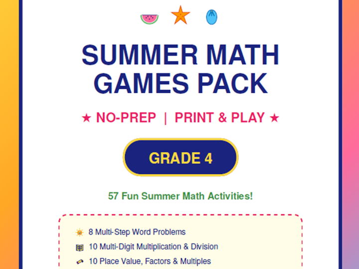 4th Grade Summer Math Games Pack | No-Prep Printables