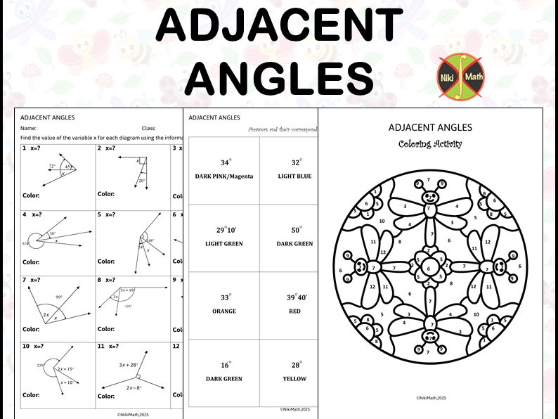 Geometry Grades 7-8: Adjacent Angles - Coloring Activity/Color by Code
