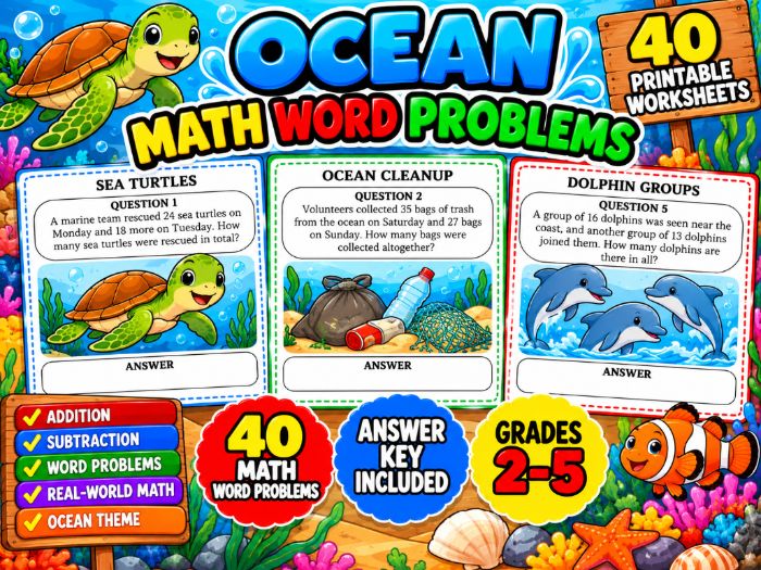Ocean Day Math Word Problems | 40 Printable Worksheets with Answer Key