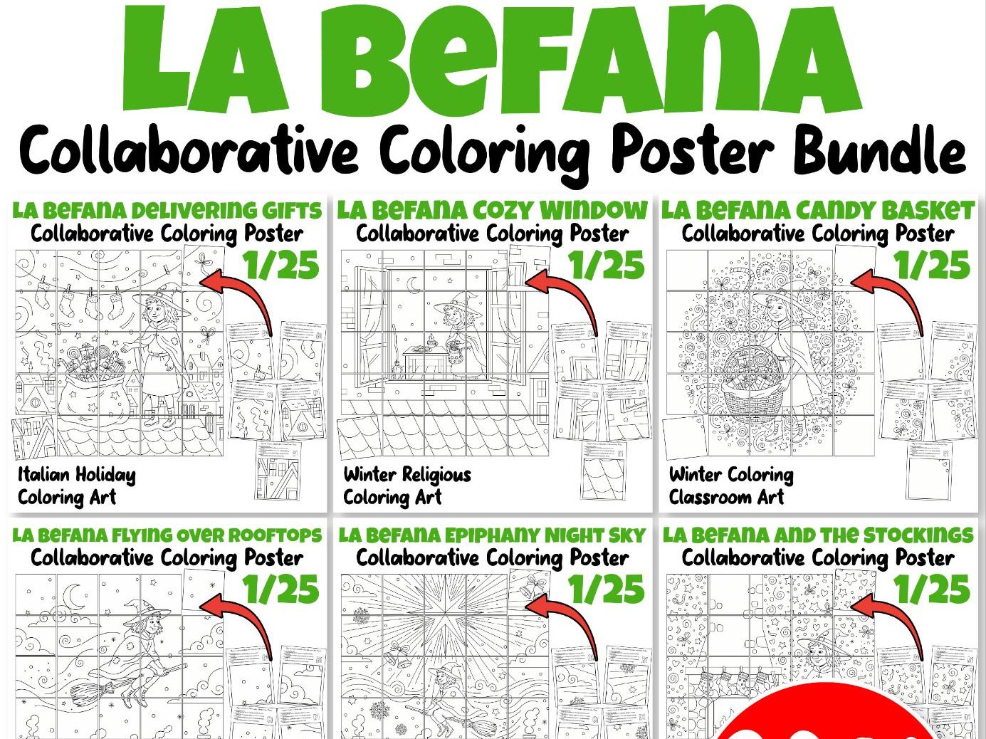 La Befana Collaborative Poster Bundle | Italian Epiphany Winter Coloring Art