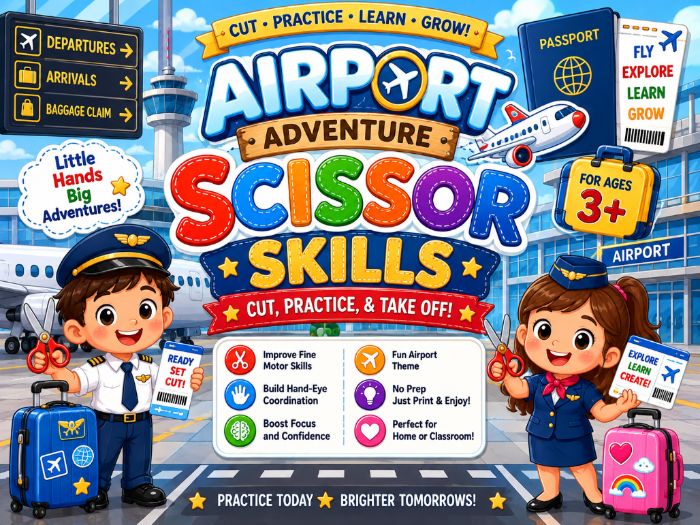 Airport Scissor Skills Worksheets | Cutting Practice & Fine Motor Activities | Preschool–1st Grade