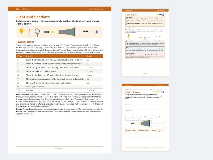 Light and Shadows Year 3 Science Worksheets