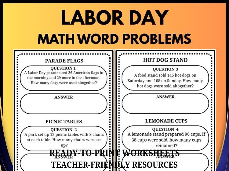 Labor Day Math Word Problems | 40 Questions and Answer Keys | Grades 2–8