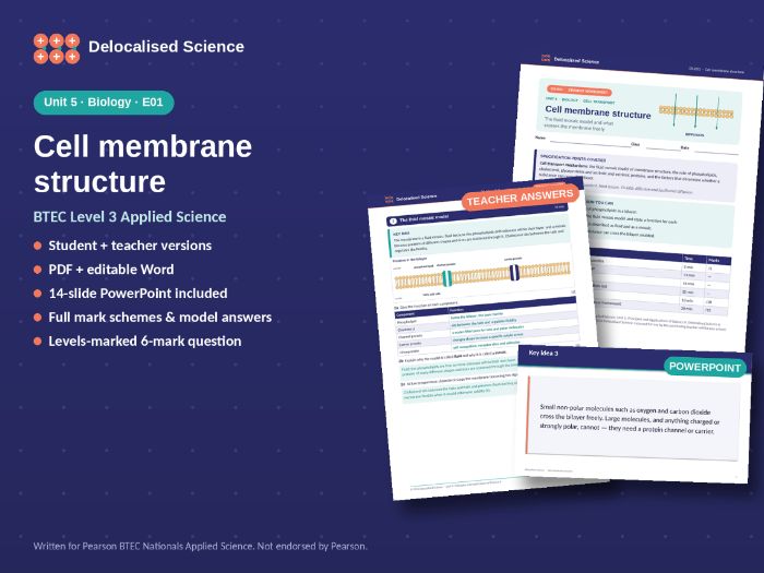 BTEC Applied Science Unit 5 Biology: Cell membrane structure (E01) - worksheet, answers + PowerPoint