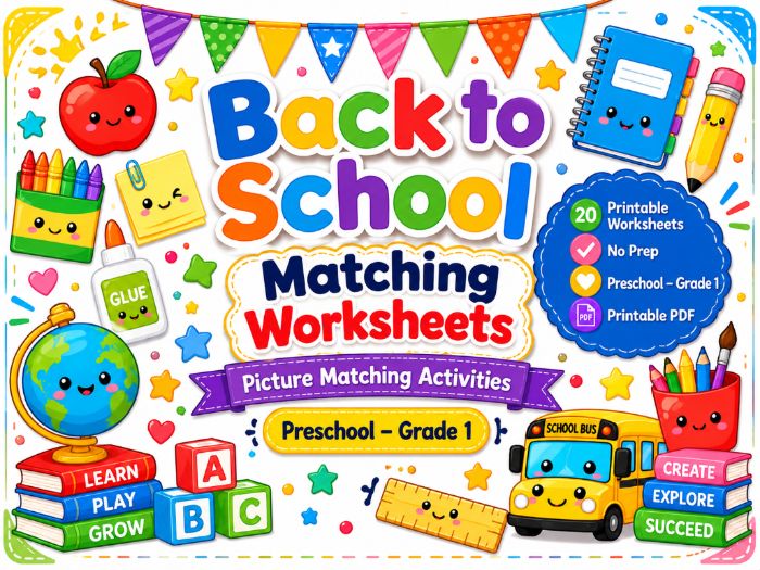 Back to School Matching Worksheets | Picture, Alphabet & Number Activities | Preschool–Grade 1