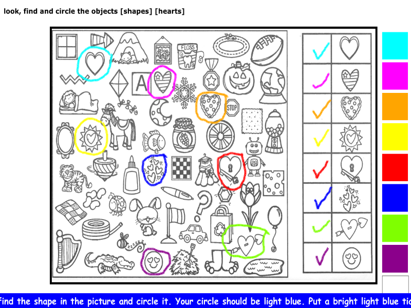 look, find and circle the objects [shapes] [hearts]