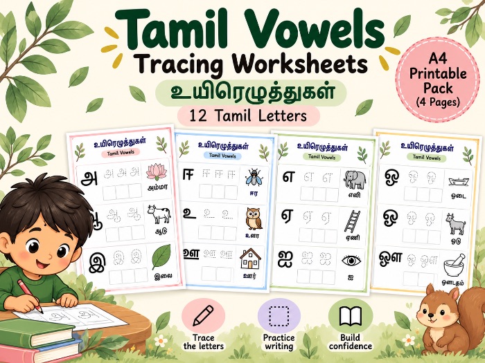 Tamil Vowels Tracing Worksheets | உயிரெழுத்துகள் | Beginner Tamil