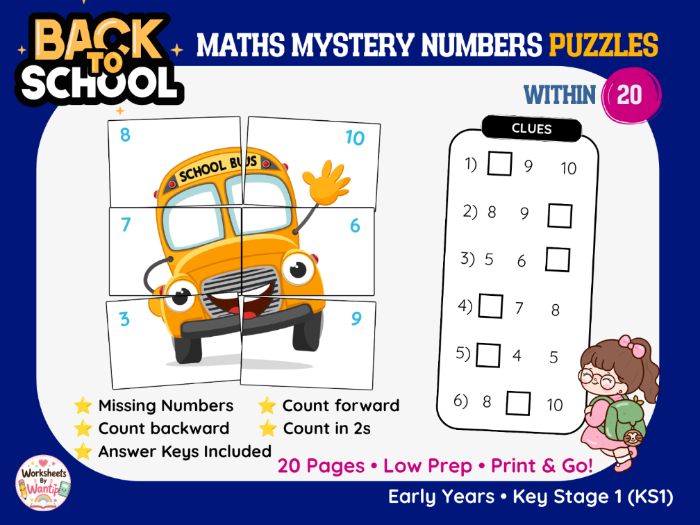 Back to School Maths Mystery Number Puzzles | Missing Numbers and Counting Within 20