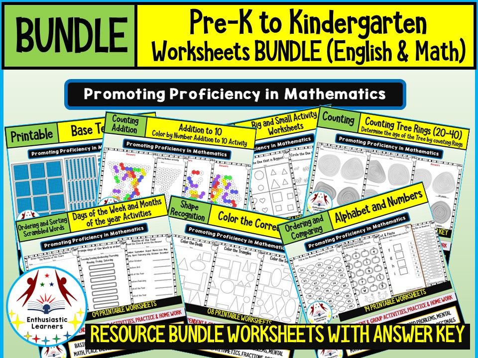 PRE-K TO KINDERGARTEN (English & Math) Worksheets Product or Resource BUNDLE for GRADE Pre-K to 2