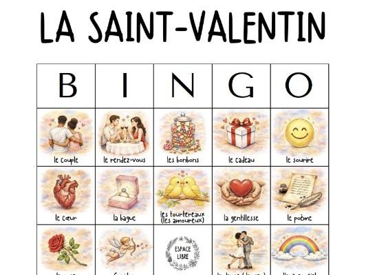 French Valentine's Day Bingo Game • 36 Words • 50 Illustrated Cards