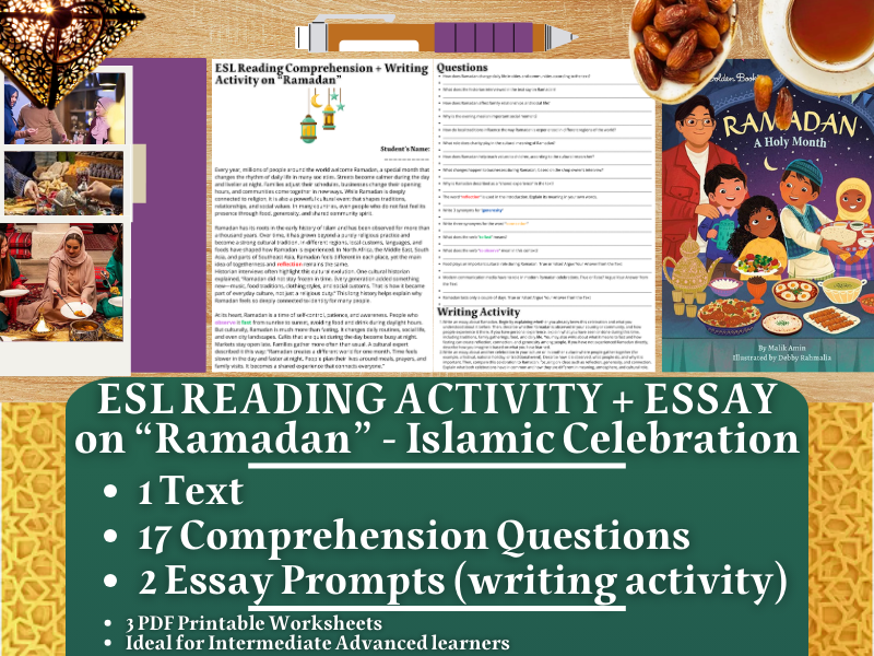 ESL Reading Comprehension + Writing Activity Worksheets on Ramadan - Islamic Celebration