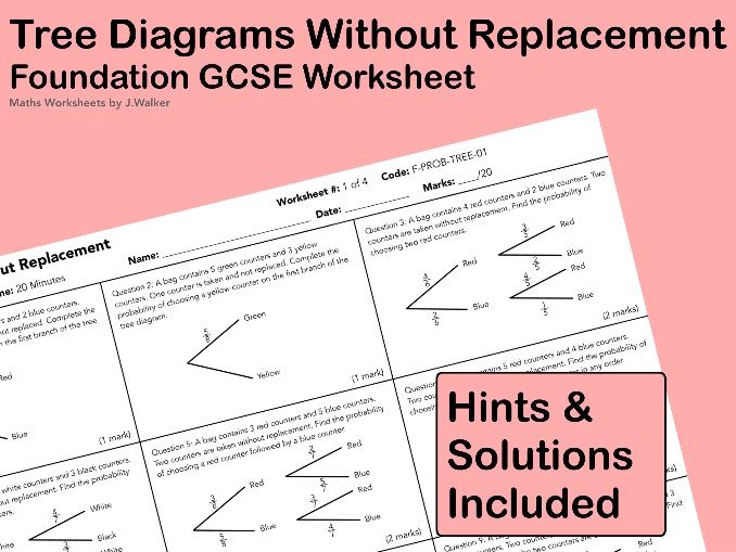 GCSE Maths Worksheet: Tree Diagrams Without Replacement - Foundation Tier
