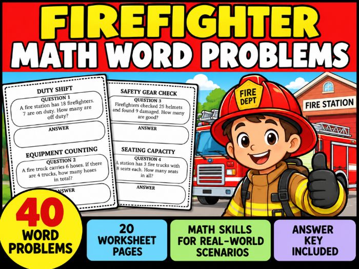 Firefighter Day Math Word Problems | 40 Worksheets with Answer Key