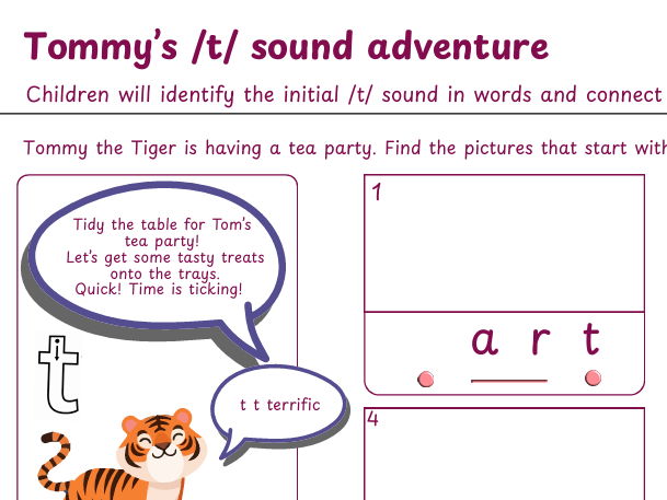 T Initial Sound Phonics Worksheet (EYFS/KS1)