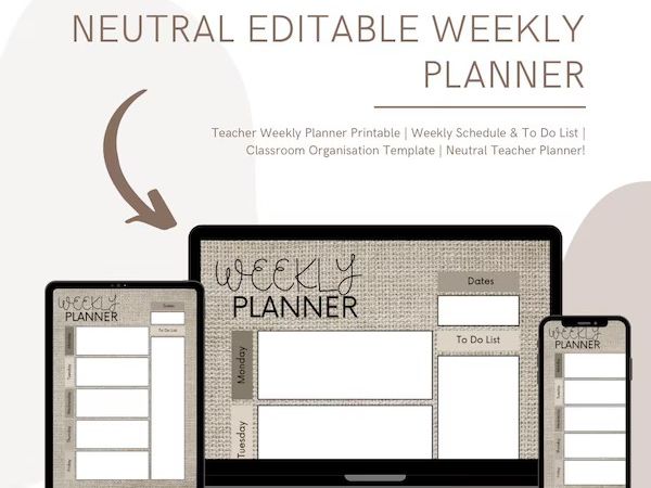Neutral Teacher Editable Weekly Planner