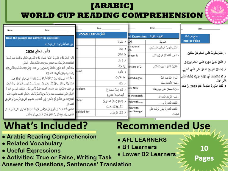 Arabic EFL Reading Comprehension-The World Cup (B1-B2 Level Reading, Vocabulary, Writing Task)
