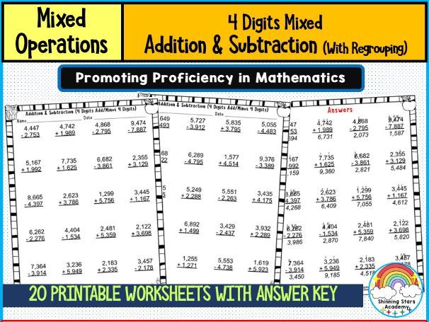 4-Digit Mixed Addition & Subtraction Without Regrouping Worksheets | No Borrowing or Carrying Practi