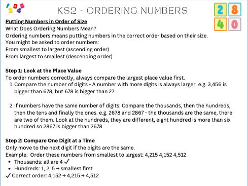 KS2/Maths/Section 1/Lesson 2-Ordering Numbers/Test/Quiz/Knowledge Organiser/Self Assessment/Primary/