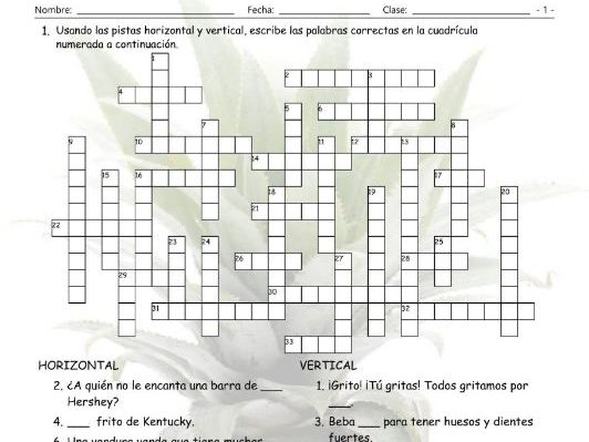 Food Items Spanish Crossword Puzzle Teaching Resources
