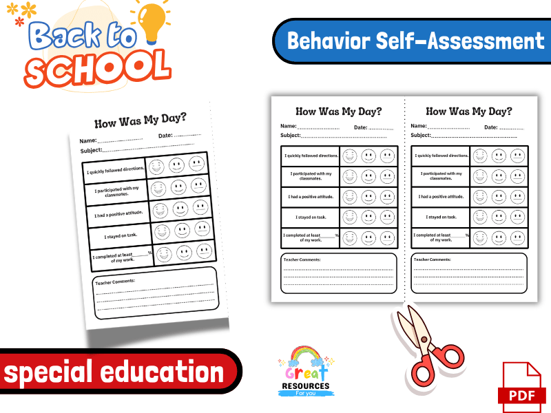 Behavior Self-Assessment Chart Special Education Back School student reflection