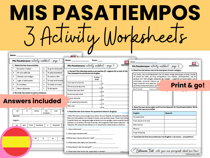Spanish Free Time Pasatiempos Activity Worksheets (x3!)