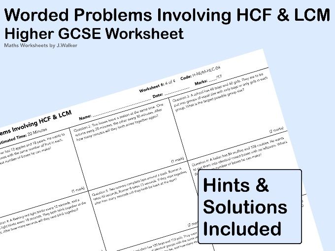 GCSE Maths Worksheet: Worded Problems Involving HCF & LCM- Higher Tier