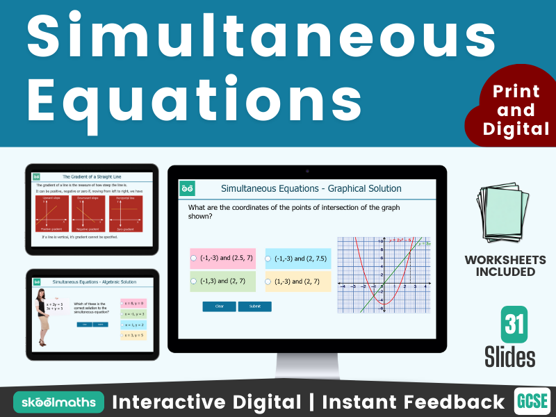 Simultaneous Equations Digital Maths Lesson with Printable Worksheets