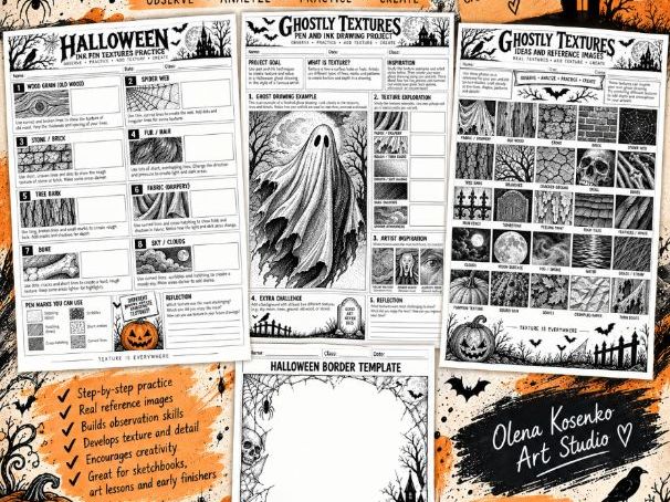 Halloween Pen & Ink Texture Drawing | Line, Shading & Mark-Making Art Worksheets