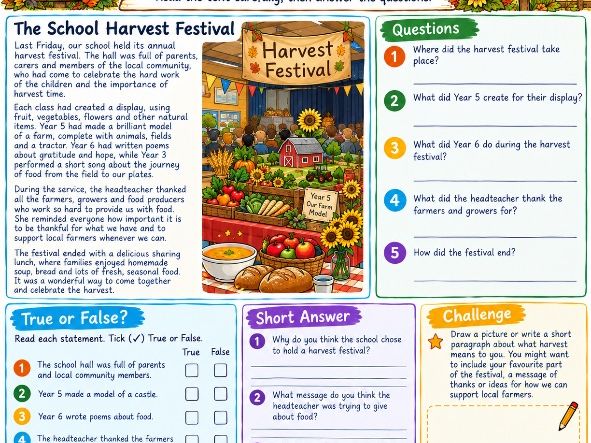 KS2 Harvest Reading Comprehension | The School Harvest Festival