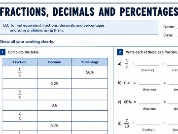 Year 5 Fractions, Decimals and Percentages Worksheet | KS2 Maths | One-Hour Lesson | Printable PDF