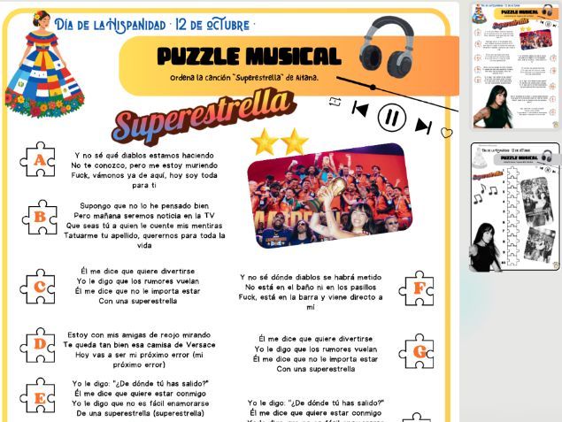 Hispanic Heritage Day Worksheet- Musical Puzzle (with answers): "Superestrella" Song by Aitana