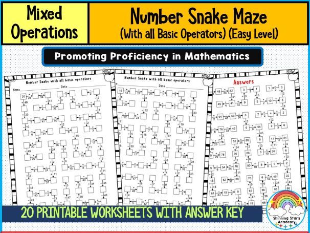 Number Snake Maze Worksheets – All Basic Operators (Easy Level)